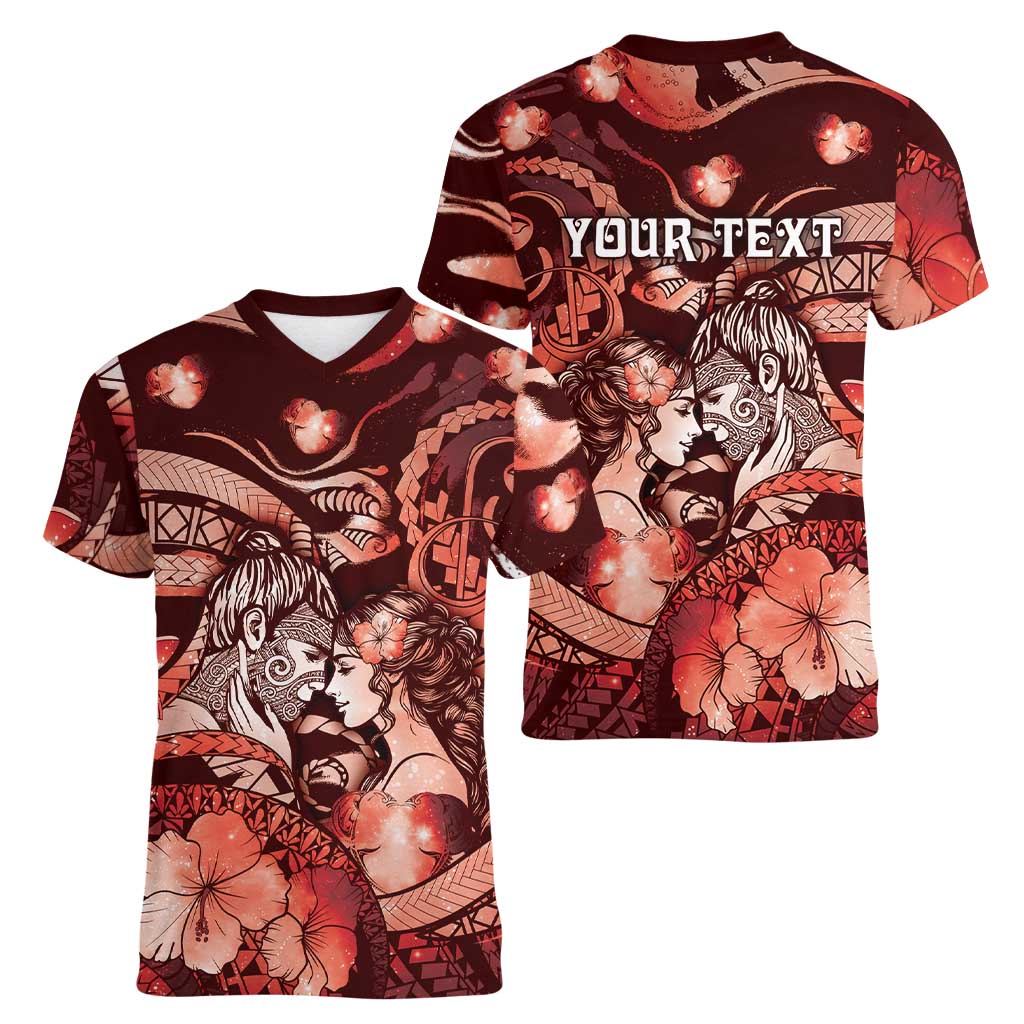 Personalised Maori Romantic Valentine Women V-Neck T-Shirt The Hongi Kiss Red Galaxy DT05 - Polynesian Pride