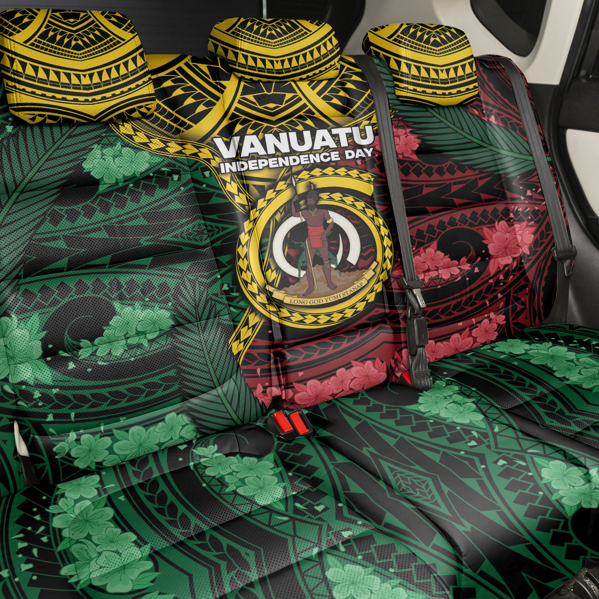 Vanuatu Independence Day Back Car Seat Cover Boar Tusk Warrior Tribal Floral Patterns