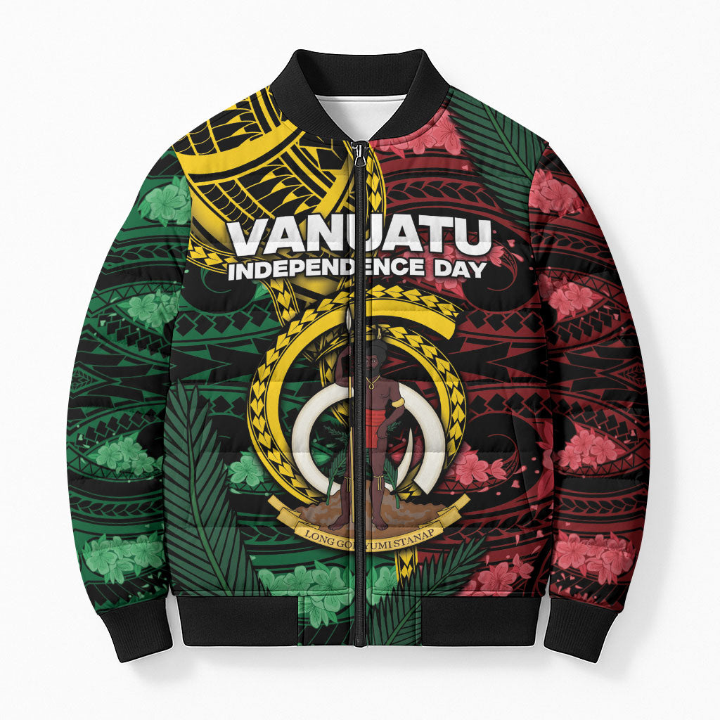 Personalised Vanuatu Independence Day Bomber Puffer Jacket Boar Tusk Warrior Tribal Floral Patterns