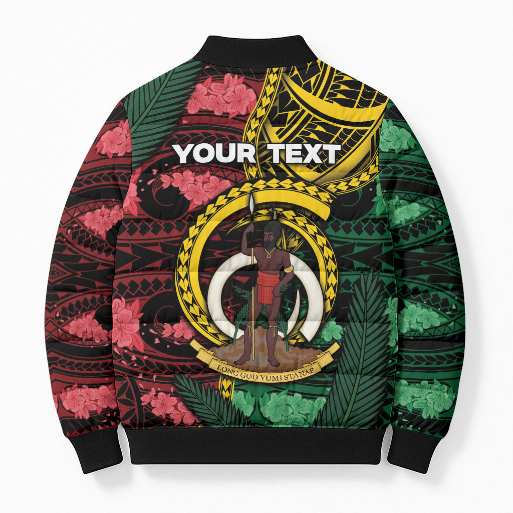 Personalised Vanuatu Independence Day Bomber Puffer Jacket Boar Tusk Warrior Tribal Floral Patterns