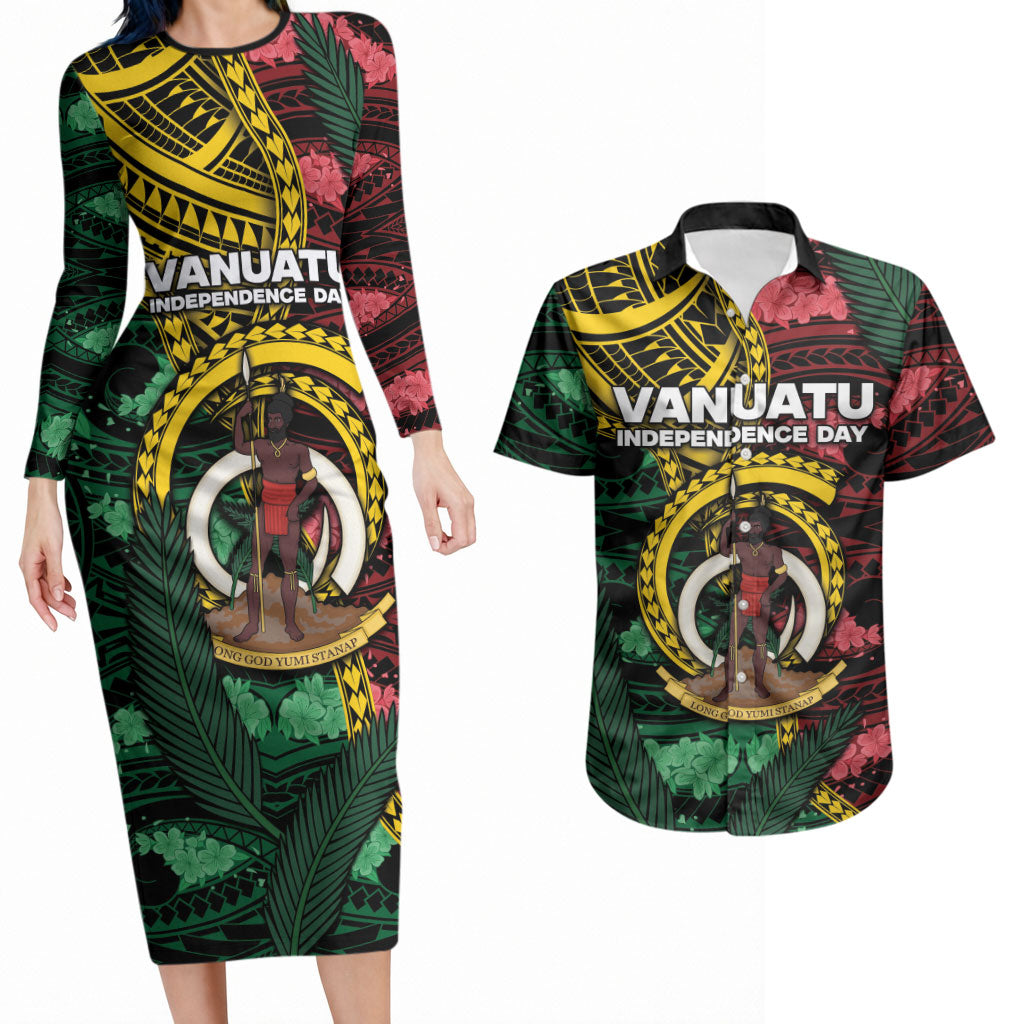 Personalised Vanuatu Independence Day Couples Matching Long Sleeve Bodycon Dress and Hawaiian Shirt Boar Tusk Warrior Tribal Floral Patterns DT05 Multicolor - Polynesian Pride