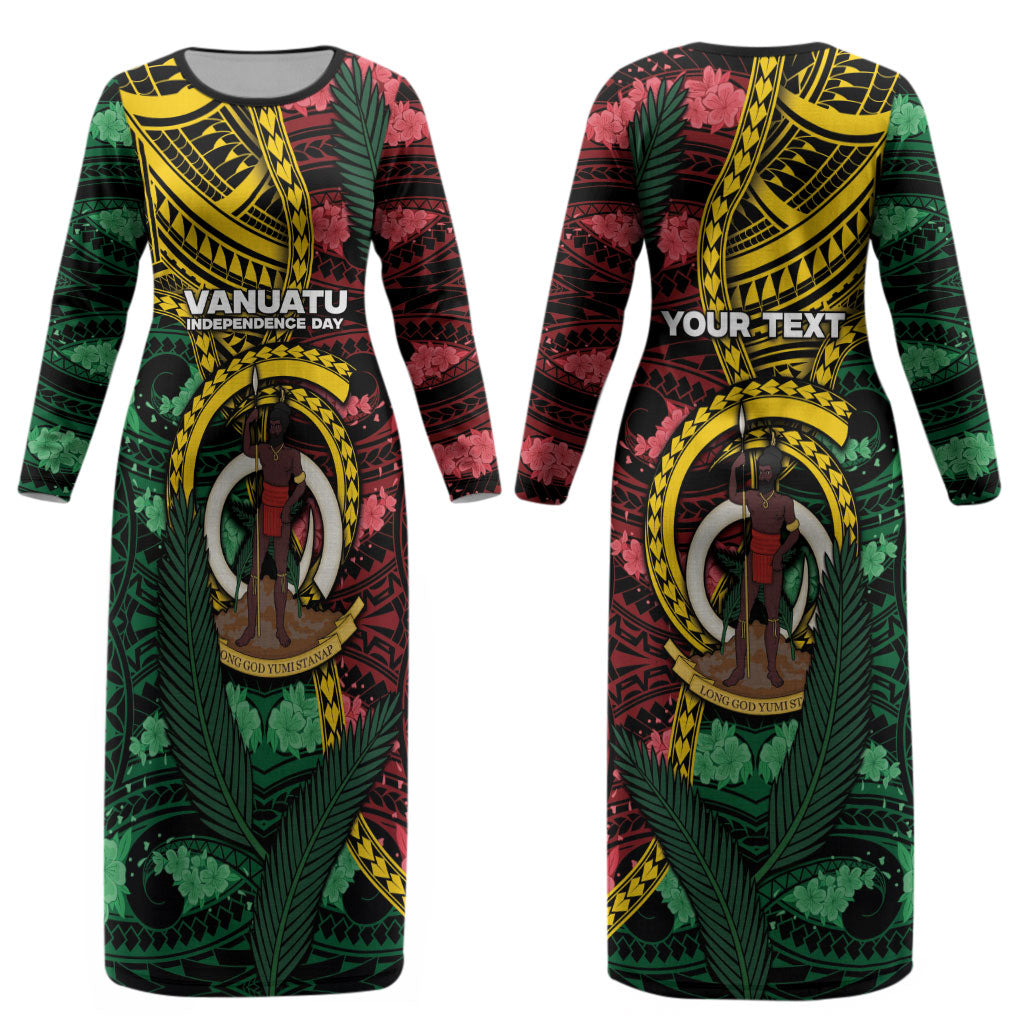 Personalised Vanuatu Independence Day Couples Matching Long Sleeve Bodycon Dress and Long Sleeve Button Shirt Boar Tusk Warrior Tribal Floral Patterns DT05 - Polynesian Pride