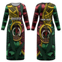 Personalised Vanuatu Independence Day Couples Matching Long Sleeve Bodycon Dress and Long Sleeve Button Shirt Boar Tusk Warrior Tribal Floral Patterns DT05 - Polynesian Pride