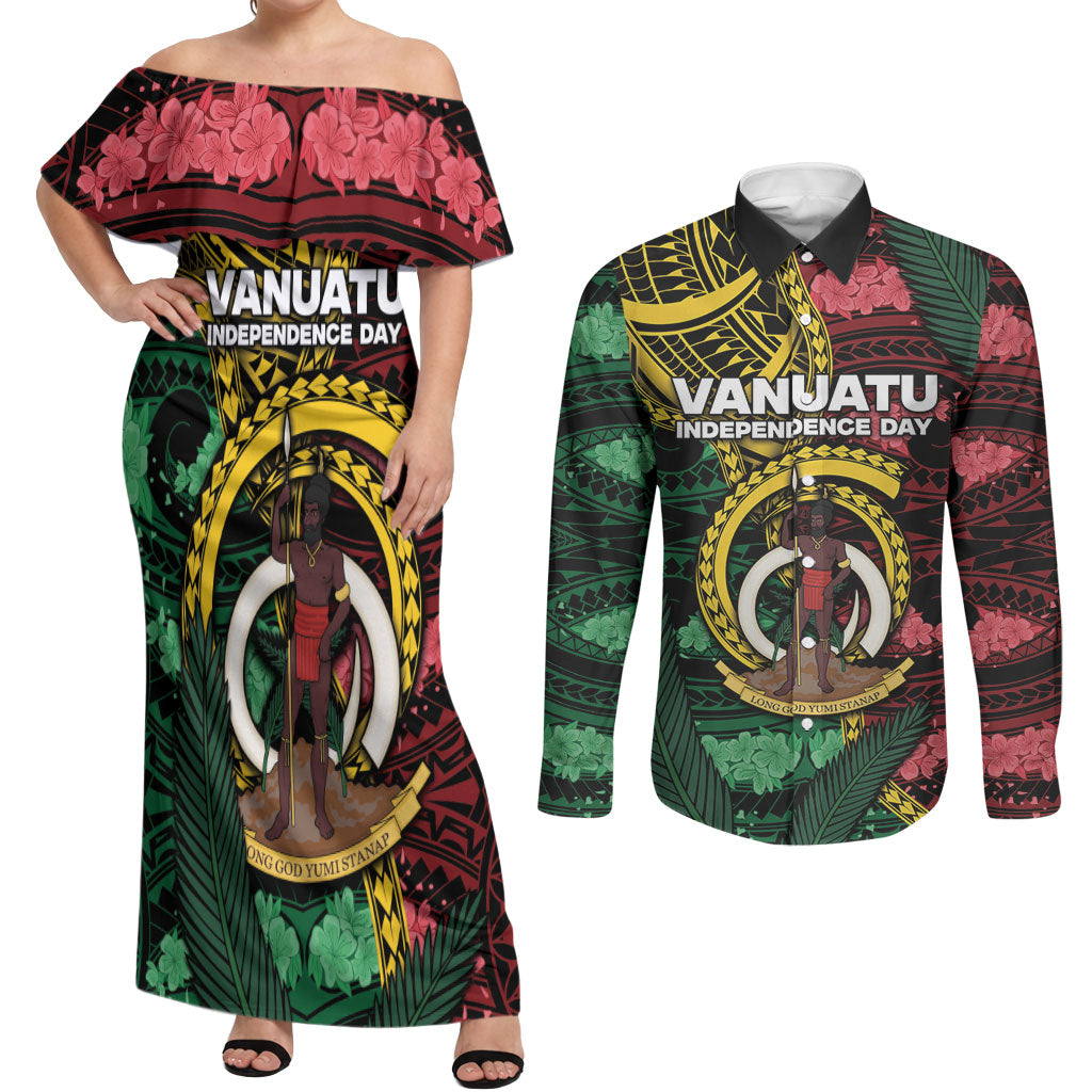 Personalised Vanuatu Independence Day Couples Matching Off Shoulder Maxi Dress and Long Sleeve Button Shirt Boar Tusk Warrior Tribal Floral Patterns DT05 Multicolor - Polynesian Pride