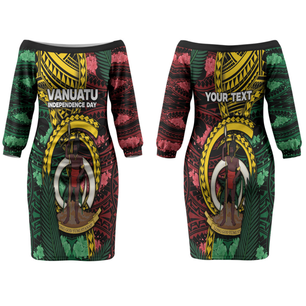Personalised Vanuatu Independence Day Couples Matching Off The Shoulder Long Sleeve Dress and Hawaiian Shirt Boar Tusk Warrior Tribal Floral Patterns DT05 - Polynesian Pride