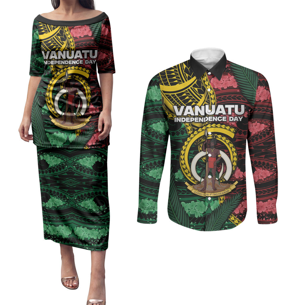 Personalised Vanuatu Independence Day Couples Matching Puletasi and Long Sleeve Button Shirt Boar Tusk Warrior Tribal Floral Patterns DT05 Multicolor - Polynesian Pride
