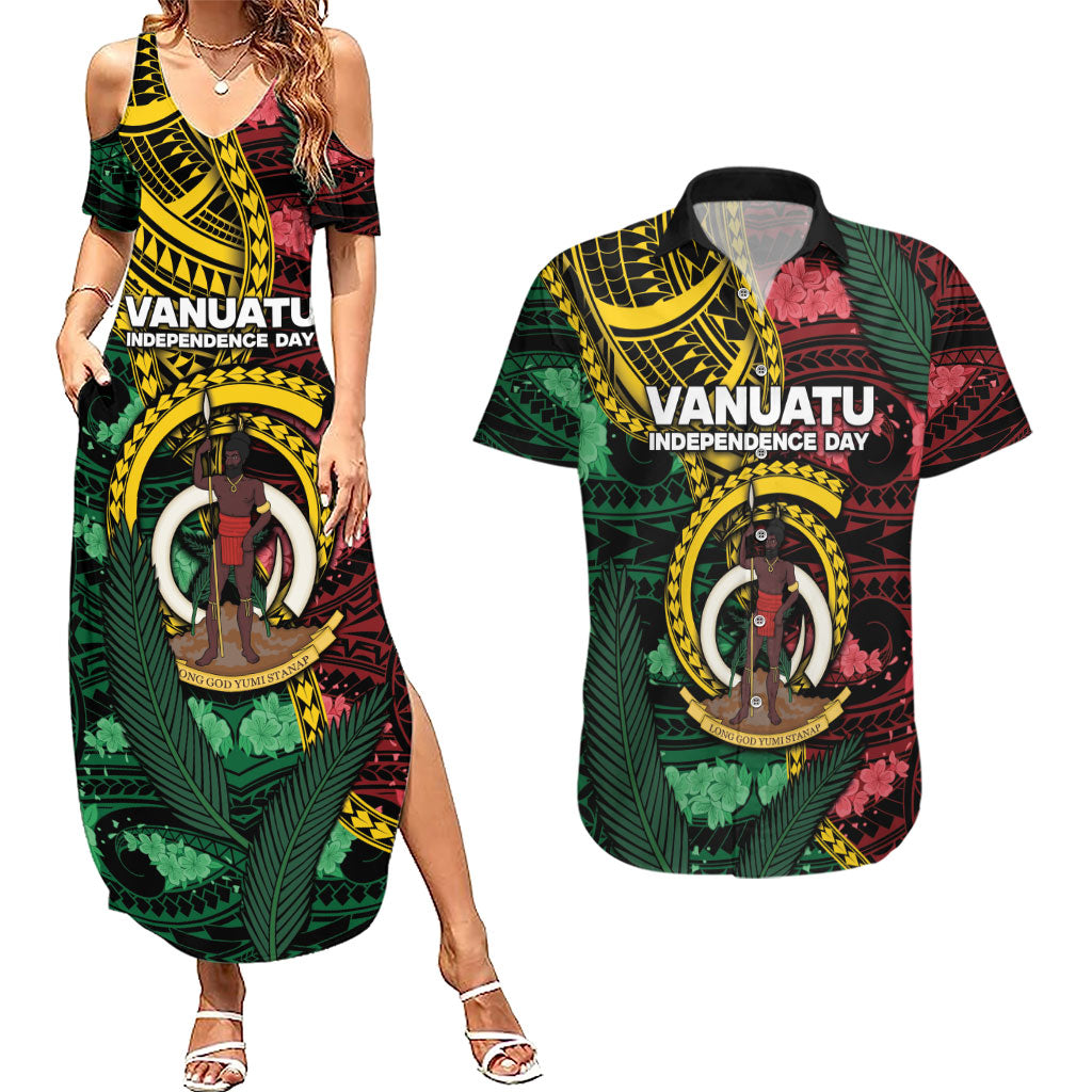 Personalised Vanuatu Independence Day Couples Matching Summer Maxi Dress and Hawaiian Shirt Boar Tusk Warrior Tribal Floral Patterns