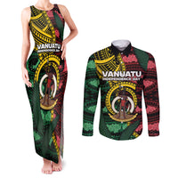 Personalised Vanuatu Independence Day Couples Matching Tank Maxi Dress and Long Sleeve Button Shirt Boar Tusk Warrior Tribal Floral Patterns