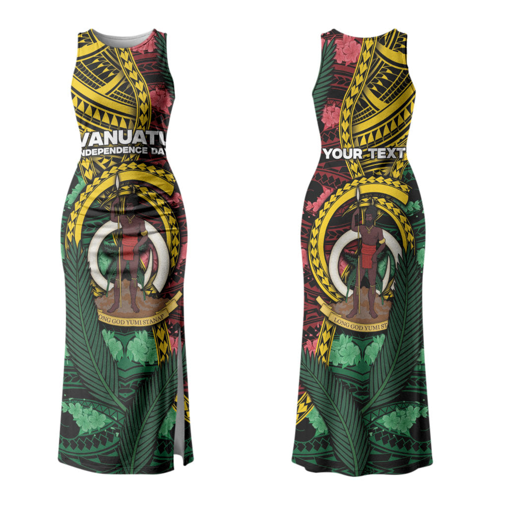 Personalised Vanuatu Independence Day Couples Matching Tank Maxi Dress and Long Sleeve Button Shirt Boar Tusk Warrior Tribal Floral Patterns DT05 - Polynesian Pride