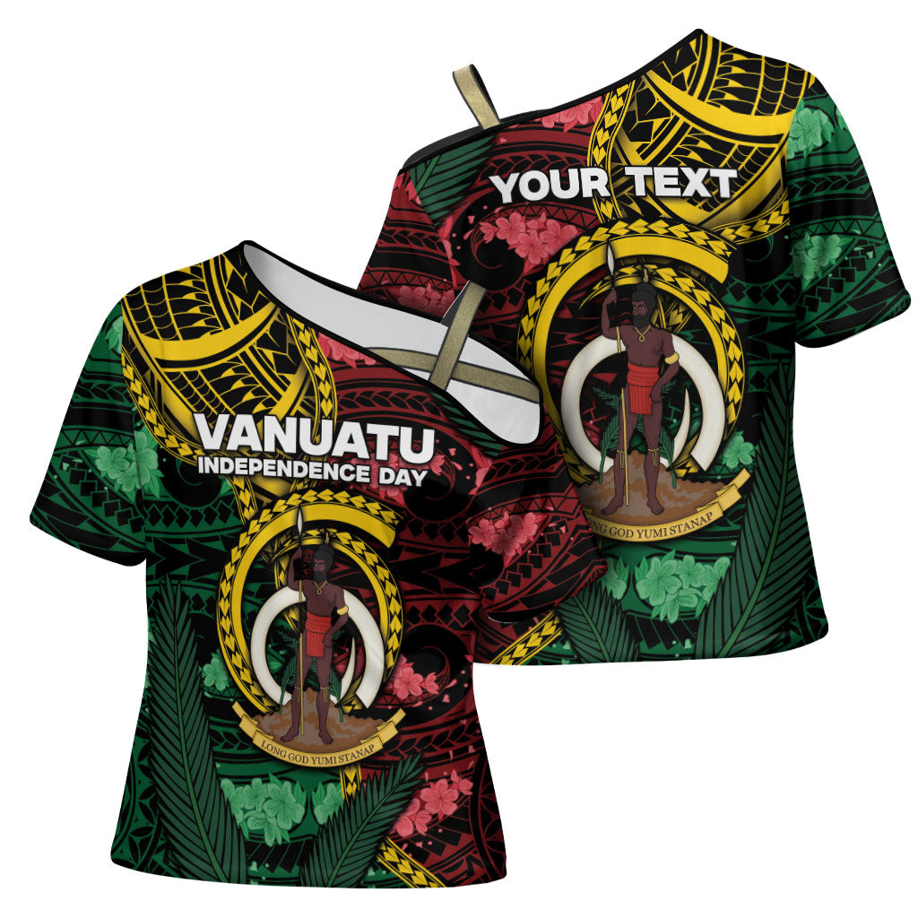 Personalised Vanuatu Independence Day Cross Shoulder Shirt Boar Tusk Warrior Tribal Floral Patterns