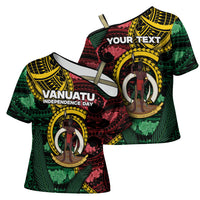 Personalised Vanuatu Independence Day Cross Shoulder Shirt Boar Tusk Warrior Tribal Floral Patterns