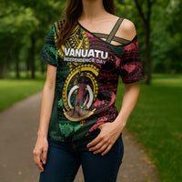 Personalised Vanuatu Independence Day Cross Shoulder Shirt Boar Tusk Warrior Tribal Floral Patterns