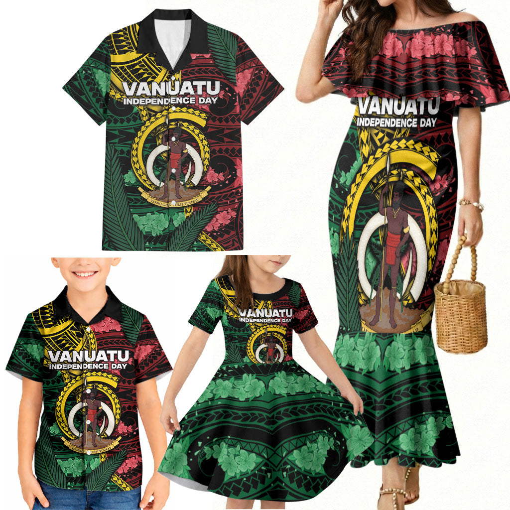 Personalised Vanuatu Independence Day Family Matching Mermaid Dress and Hawaiian Shirt Boar Tusk Warrior Tribal Floral Patterns DT05 - Polynesian Pride