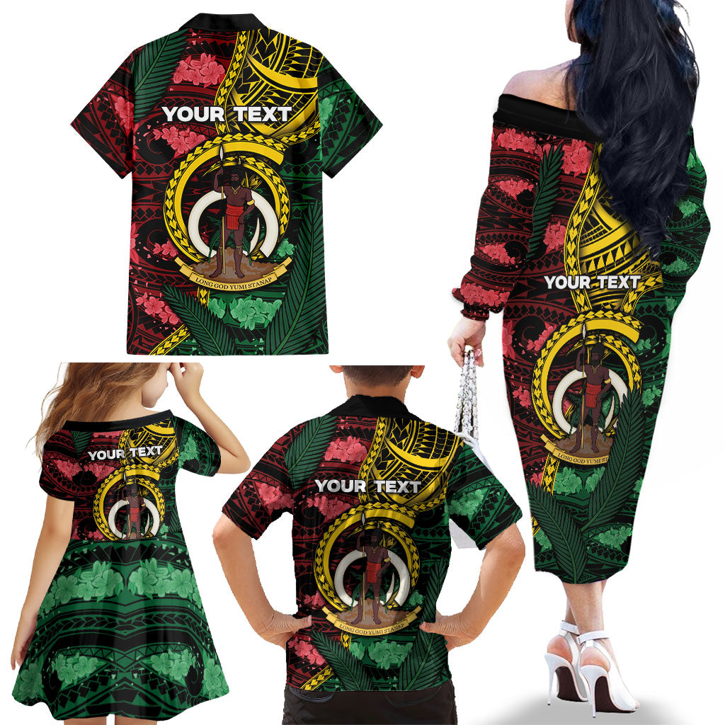 Personalised Vanuatu Independence Day Family Matching Off The Shoulder Long Sleeve Dress and Hawaiian Shirt Boar Tusk Warrior Tribal Floral Patterns