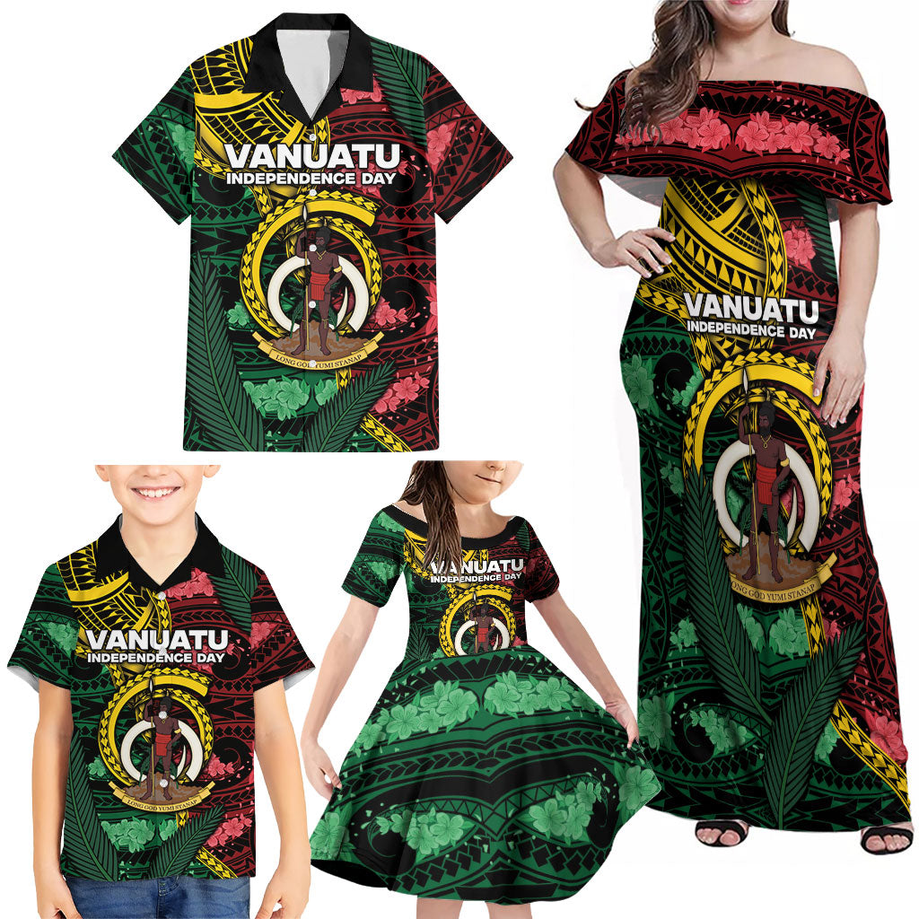 Personalised Vanuatu Independence Day Family Matching Off Shoulder Maxi Dress and Hawaiian Shirt Boar Tusk Warrior Tribal Floral Patterns
