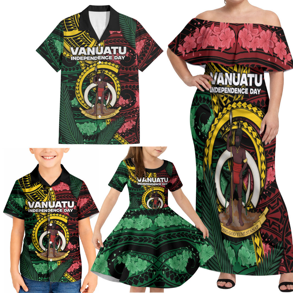 Personalised Vanuatu Independence Day Family Matching Off Shoulder Maxi Dress and Hawaiian Shirt Boar Tusk Warrior Tribal Floral Patterns DT05 - Polynesian Pride