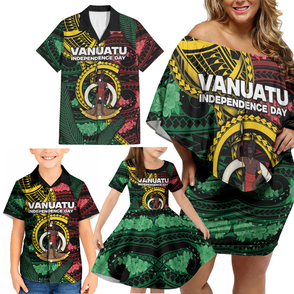 Personalised Vanuatu Independence Day Family Matching Off Shoulder Short Dress and Hawaiian Shirt Boar Tusk Warrior Tribal Floral Patterns DT05 - Polynesian Pride