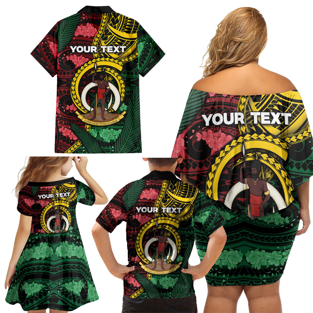 Personalised Vanuatu Independence Day Family Matching Off Shoulder Short Dress and Hawaiian Shirt Boar Tusk Warrior Tribal Floral Patterns
