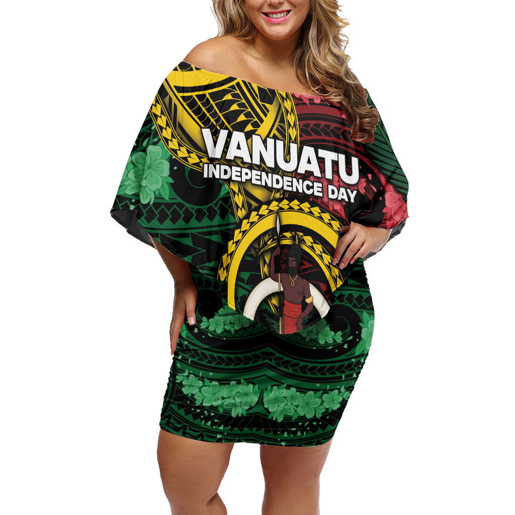 Personalised Vanuatu Independence Day Family Matching Off Shoulder Short Dress and Hawaiian Shirt Boar Tusk Warrior Tribal Floral Patterns