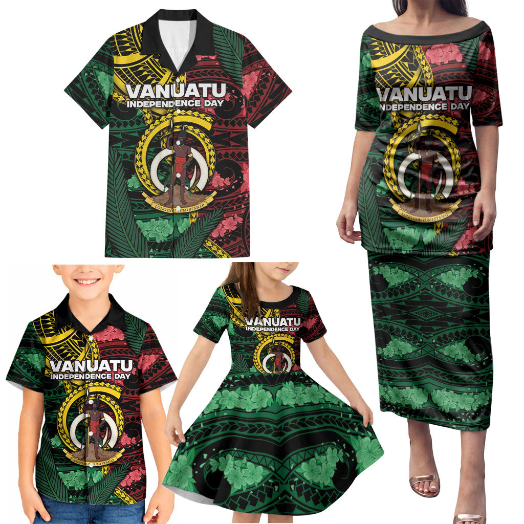 Personalised Vanuatu Independence Day Family Matching Puletasi and Hawaiian Shirt Boar Tusk Warrior Tribal Floral Patterns DT05 - Polynesian Pride