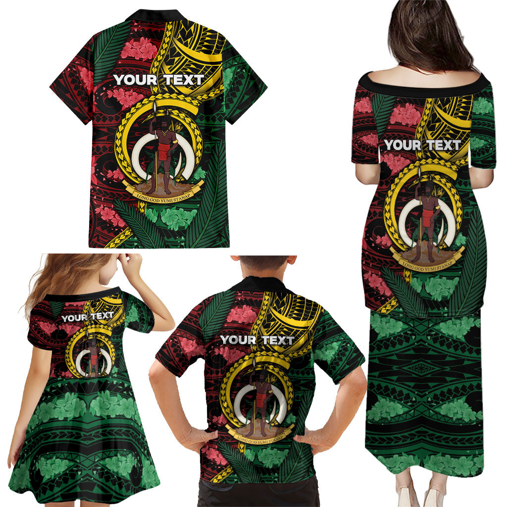 Personalised Vanuatu Independence Day Family Matching Puletasi and Hawaiian Shirt Boar Tusk Warrior Tribal Floral Patterns