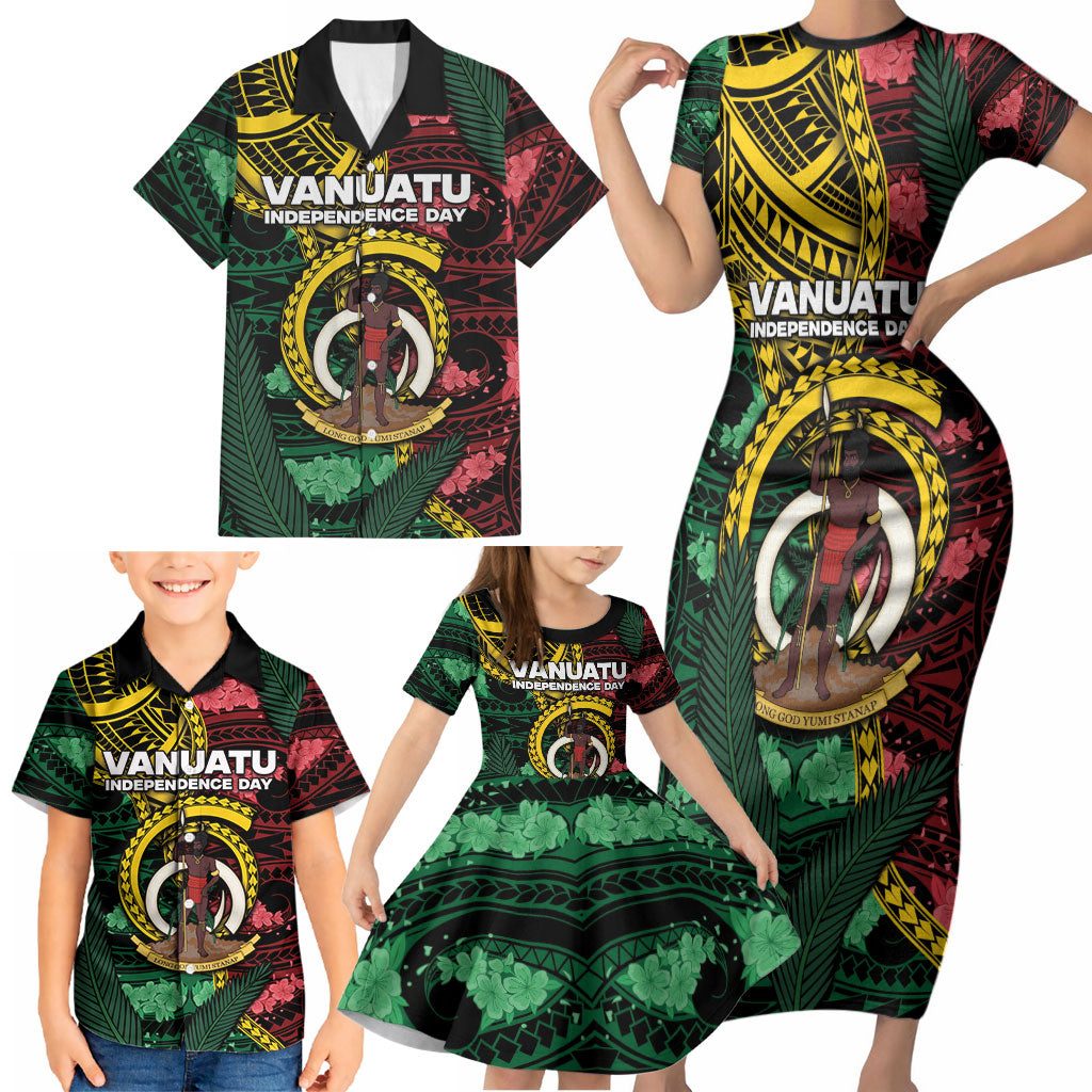 Personalised Vanuatu Independence Day Family Matching Short Sleeve Bodycon Dress and Hawaiian Shirt Boar Tusk Warrior Tribal Floral Patterns DT05 - Polynesian Pride