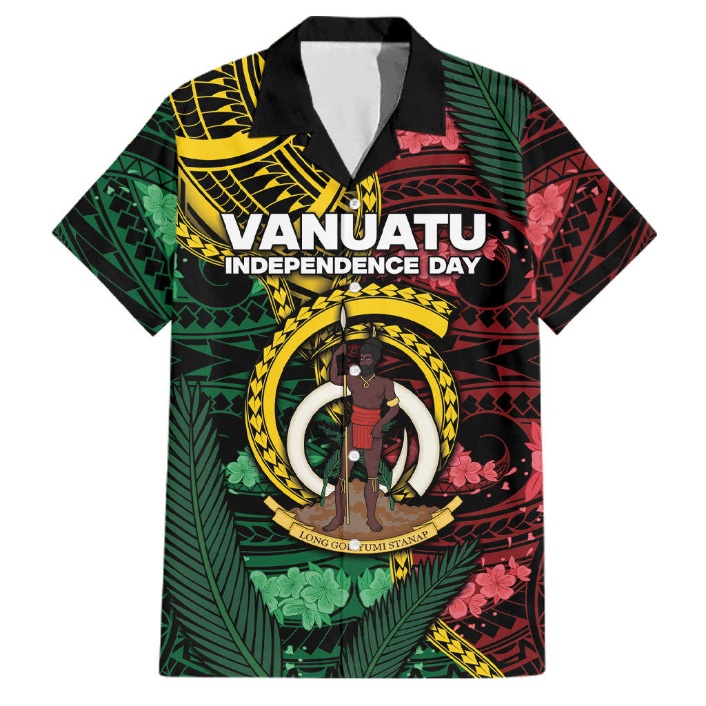 Personalised Vanuatu Independence Day Family Matching Short Sleeve Bodycon Dress and Hawaiian Shirt Boar Tusk Warrior Tribal Floral Patterns
