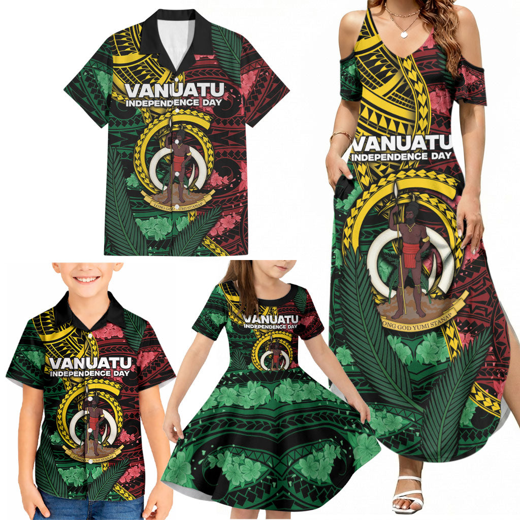 Personalised Vanuatu Independence Day Family Matching Summer Maxi Dress and Hawaiian Shirt Boar Tusk Warrior Tribal Floral Patterns DT05 - Polynesian Pride
