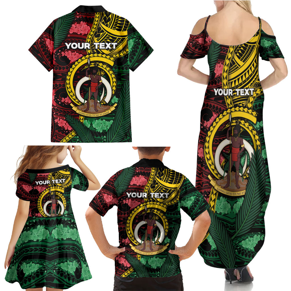 Personalised Vanuatu Independence Day Family Matching Summer Maxi Dress and Hawaiian Shirt Boar Tusk Warrior Tribal Floral Patterns