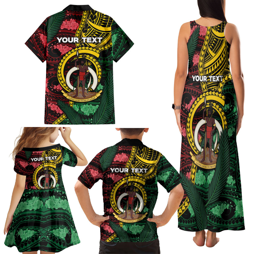 Personalised Vanuatu Independence Day Family Matching Tank Maxi Dress and Hawaiian Shirt Boar Tusk Warrior Tribal Floral Patterns