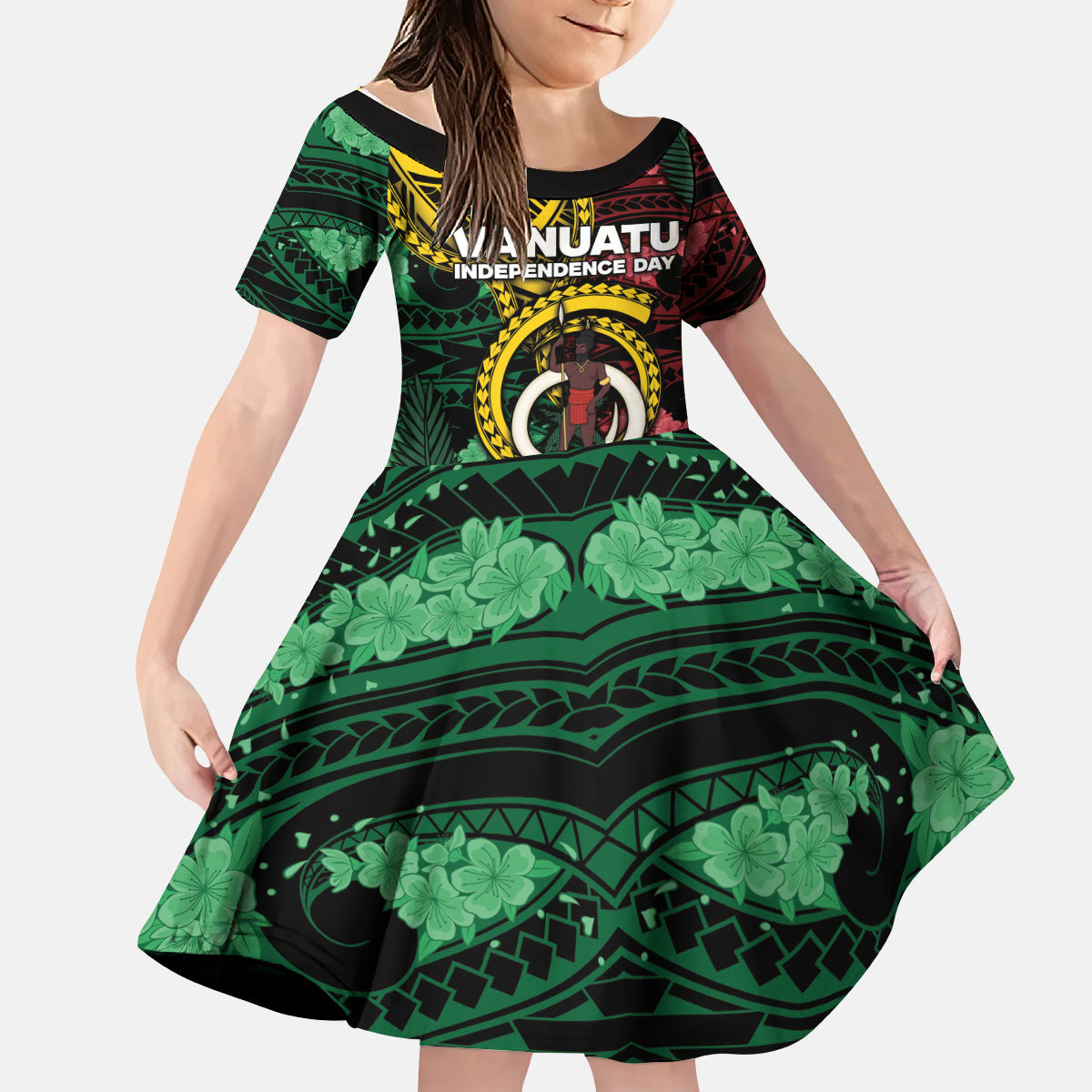 Personalised Vanuatu Independence Day Kid Short Sleeve Dress Boar Tusk Warrior Tribal Floral Patterns