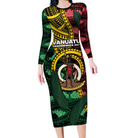 Personalised Vanuatu Independence Day Long Sleeve Bodycon Dress Boar Tusk Warrior Tribal Floral Patterns