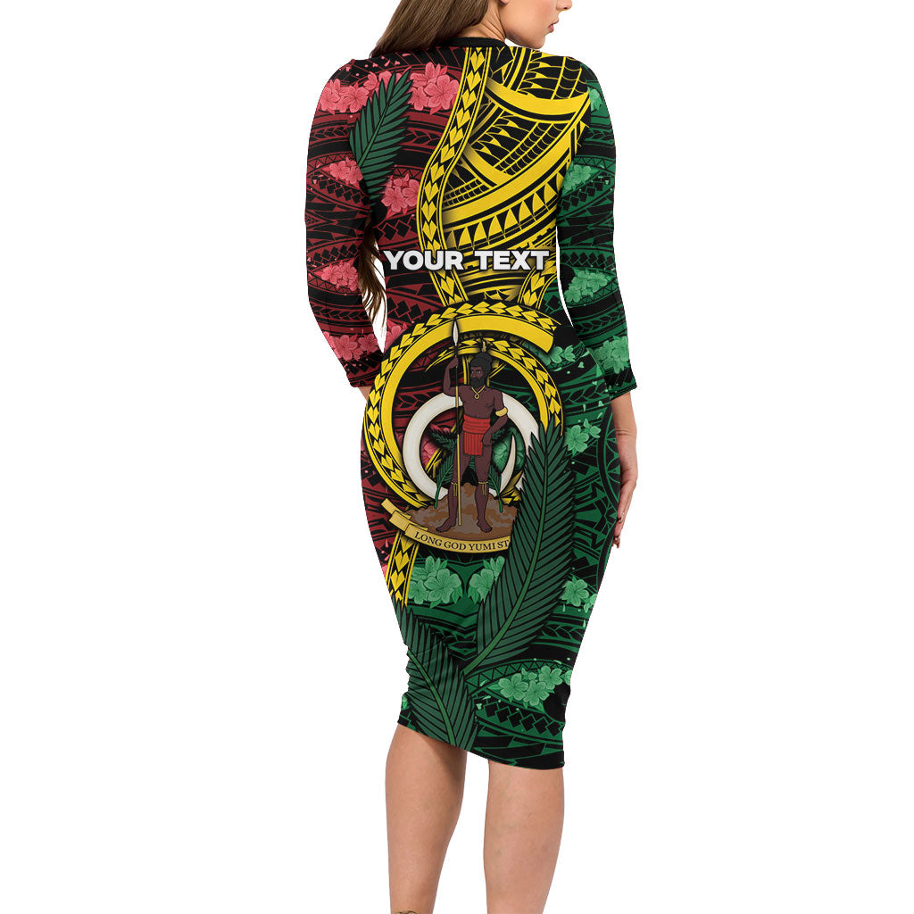 Personalised Vanuatu Independence Day Long Sleeve Bodycon Dress Boar Tusk Warrior Tribal Floral Patterns