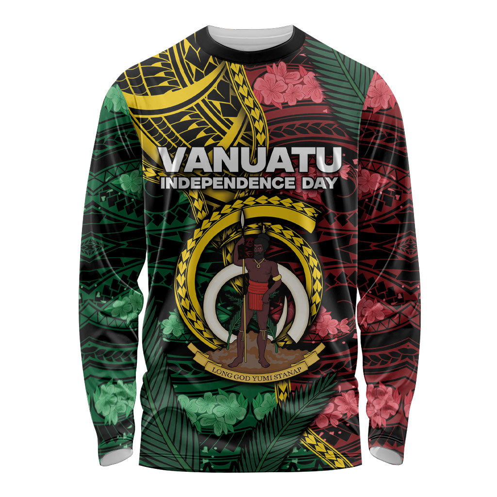 Personalised Vanuatu Independence Day Long Sleeve Shirt Boar Tusk Warrior Tribal Floral Patterns