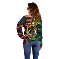 Personalised Vanuatu Independence Day Off Shoulder Sweater Boar Tusk Warrior Tribal Floral Patterns