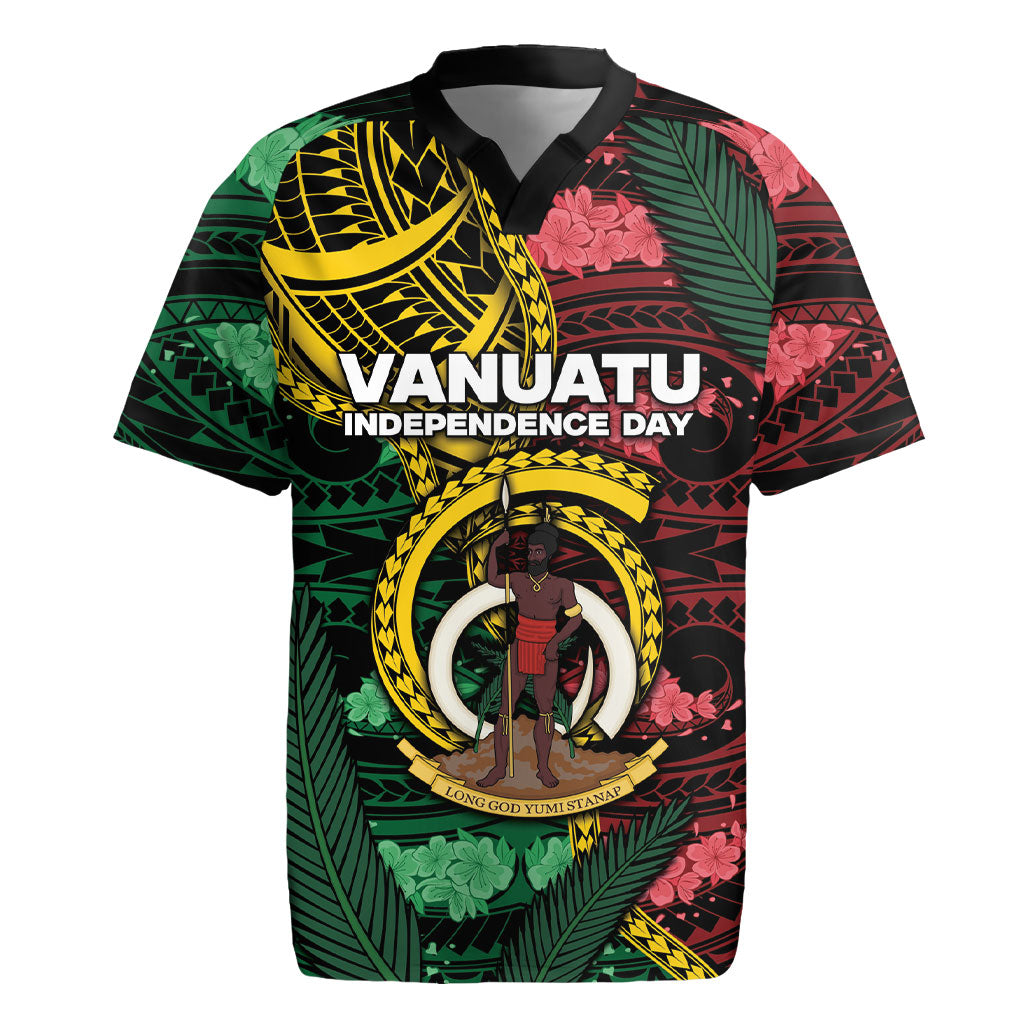 Personalised Vanuatu Independence Day Rugby Jersey Boar Tusk Warrior Tribal Floral Patterns