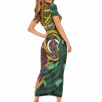 Personalised Vanuatu Independence Day Short Sleeve Bodycon Dress Boar Tusk Warrior Tribal Floral Patterns DT05 - Polynesian Pride