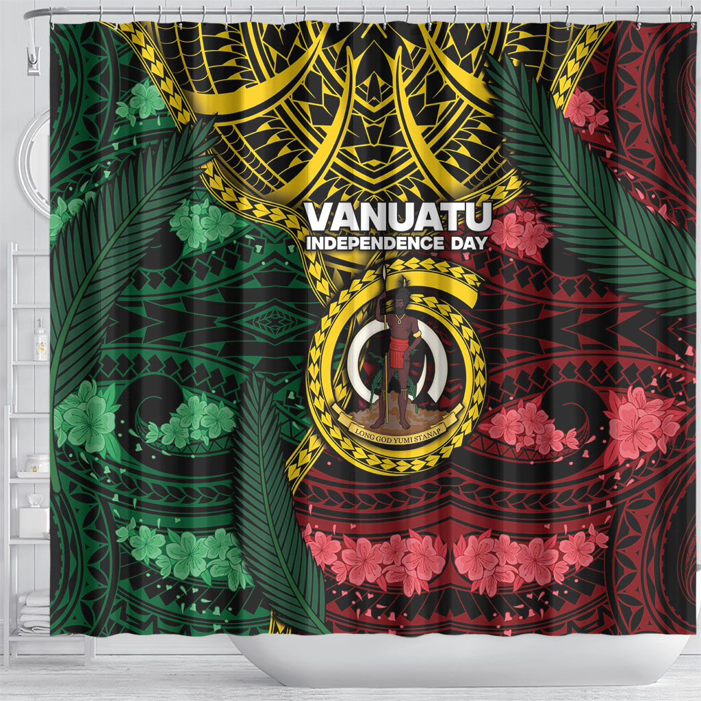 Vanuatu Independence Day Shower Curtain Boar Tusk Warrior Tribal Floral Patterns
