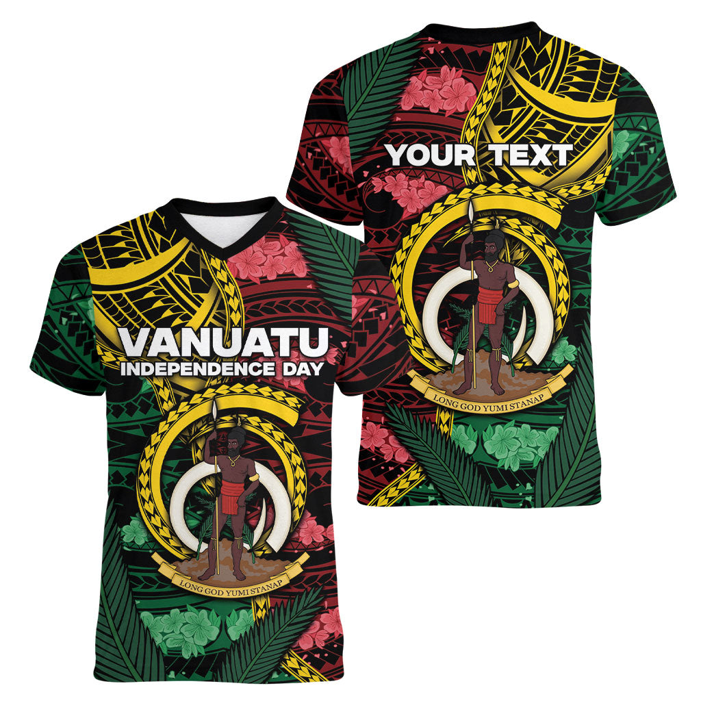Personalised Vanuatu Independence Day Women V-Neck T-Shirt Boar Tusk Warrior Tribal Floral Patterns