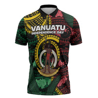 Personalised Vanuatu Independence Day Zipper Polo Shirt Boar Tusk Warrior Tribal Floral Patterns