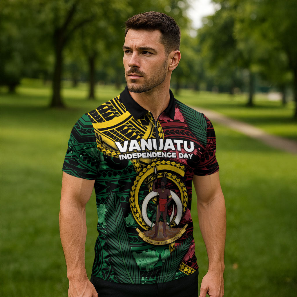 Personalised Vanuatu Independence Day Zipper Polo Shirt Boar Tusk Warrior Tribal Floral Patterns