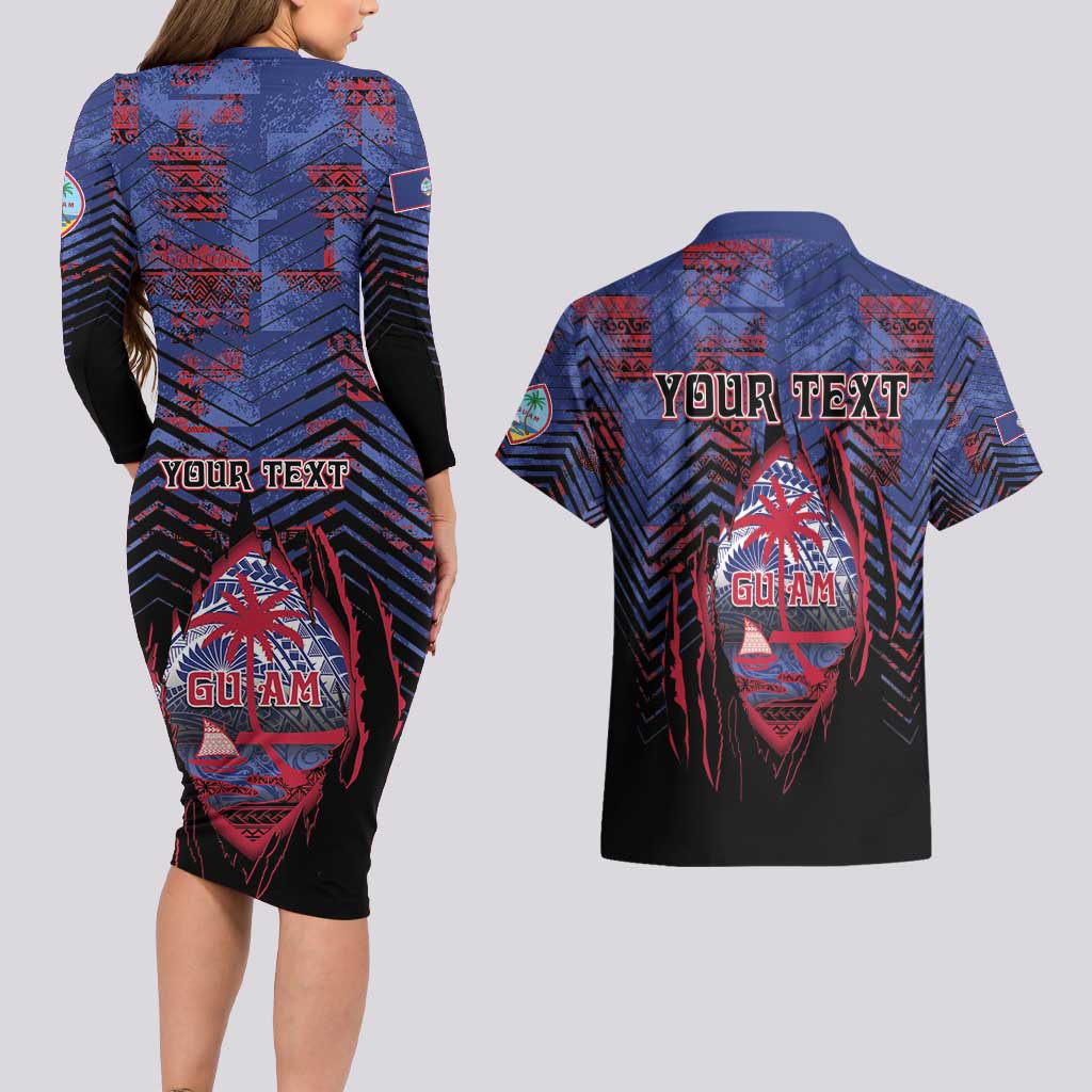 Personalised Guam Couples Matching Long Sleeve Bodycon Dress and Hawaiian Shirt Chamorro Seal Tribal Scratch Design - Polynesian Pride