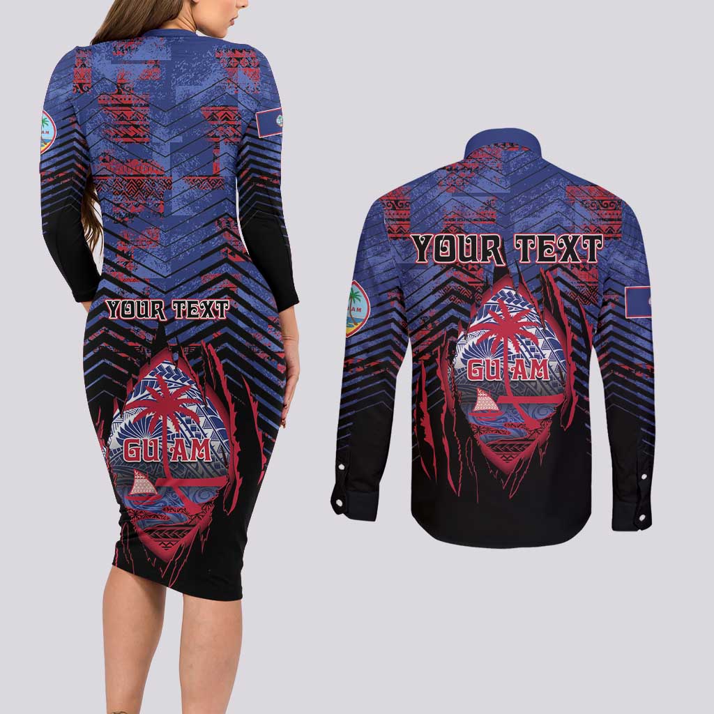 Personalised Guam Couples Matching Long Sleeve Bodycon Dress and Long Sleeve Button Shirt Chamorro Seal Tribal Scratch Design - Polynesian Pride