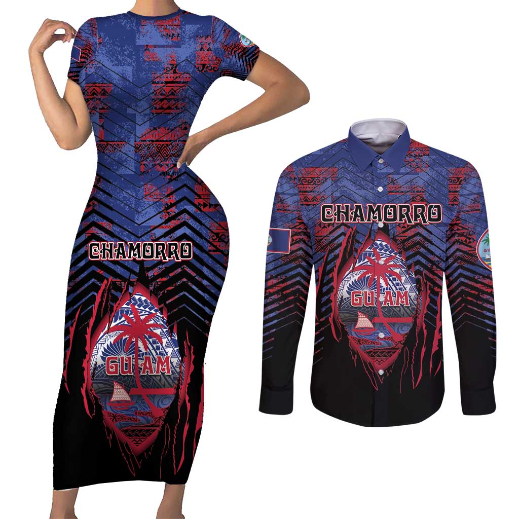 Personalised Guam Couples Matching Short Sleeve Bodycon Dress and Long Sleeve Button Shirt Chamorro Seal Tribal Scratch Design - Polynesian Pride