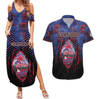Personalised Guam Couples Matching Summer Maxi Dress and Hawaiian Shirt Chamorro Seal Tribal Scratch Design - Polynesian Pride