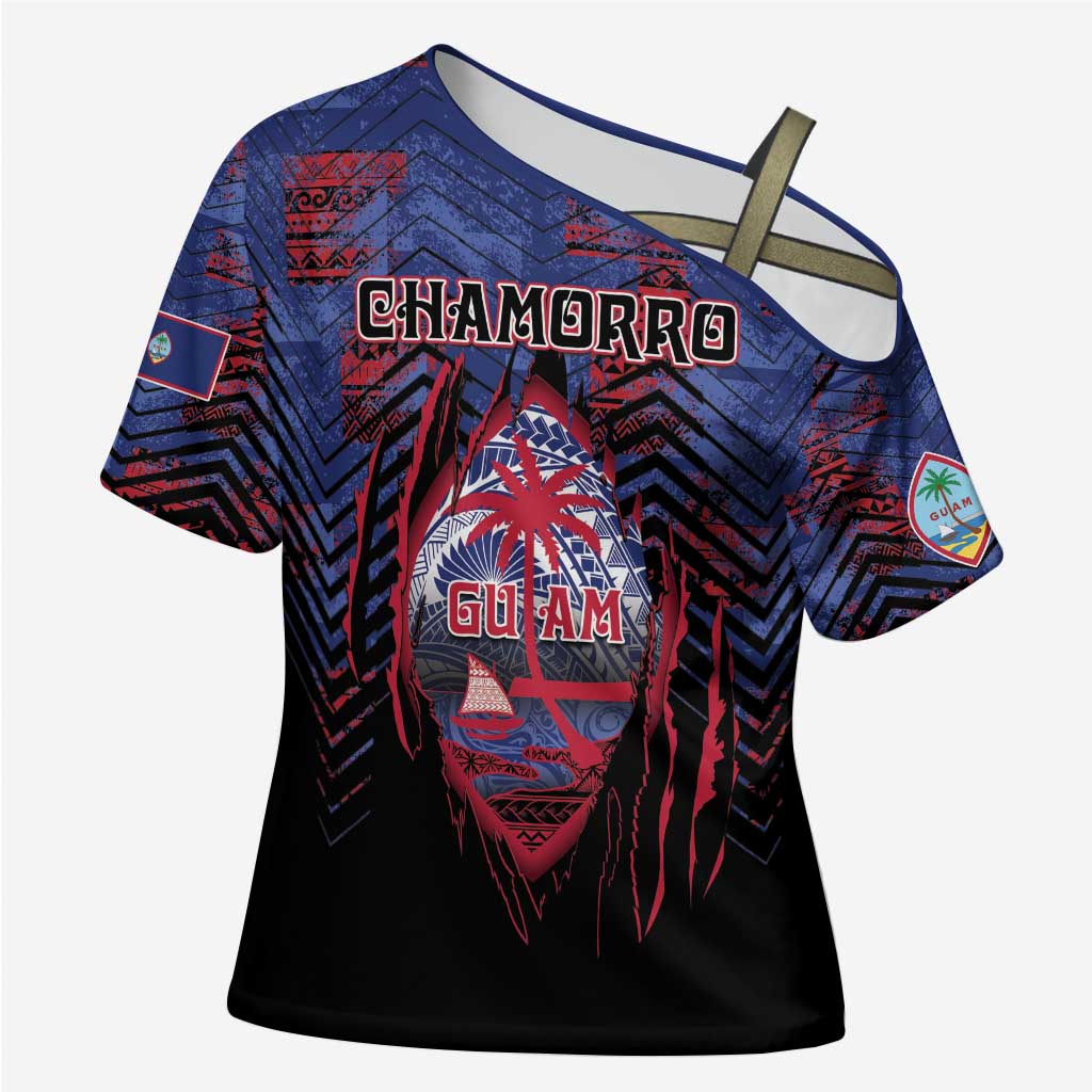 Personalised Guam Cross Shoulder Shirt Chamorro Seal Tribal Scratch Design - Polynesian Pride