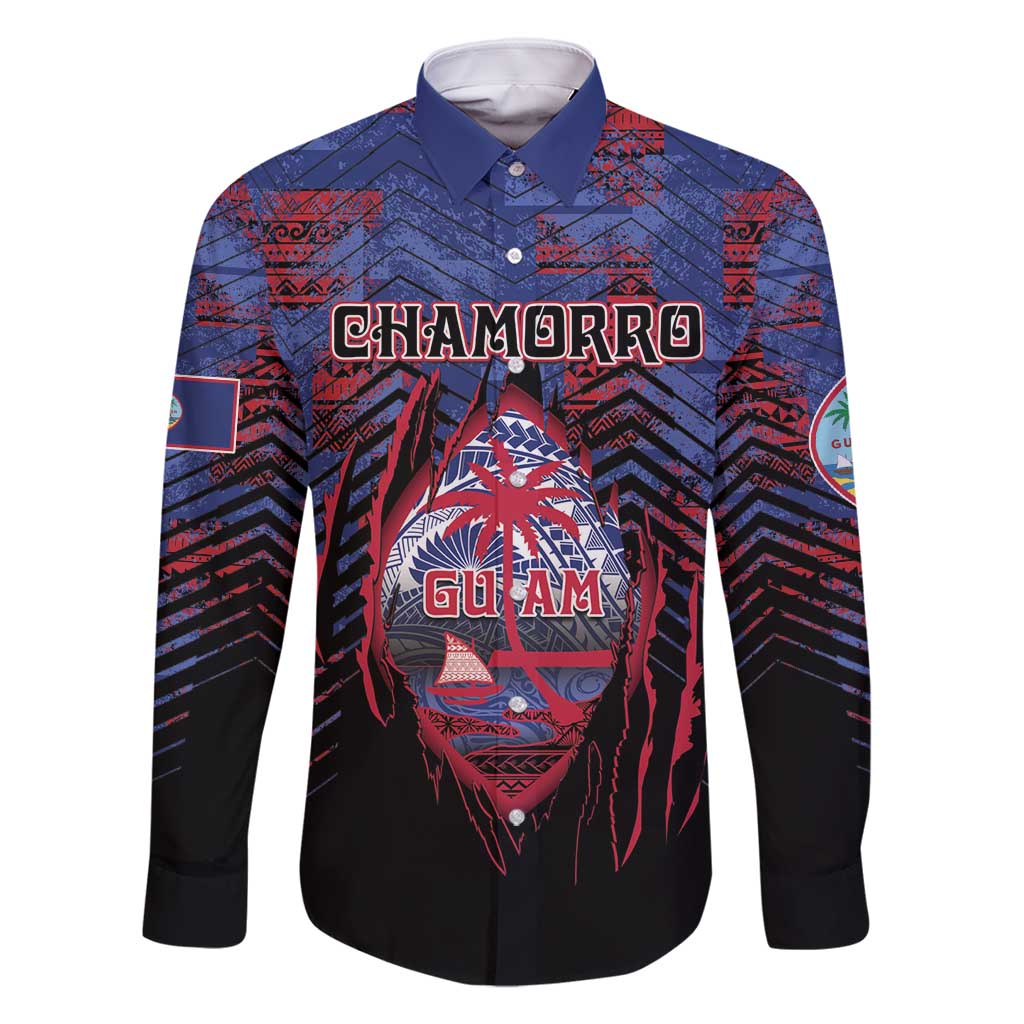 Personalised Guam Family Matching Long Sleeve Bodycon Dress and Hawaiian Shirt Chamorro Seal Tribal Scratch Design DT05 Dad's Shirt - Long Sleeve Navy - Polynesian Pride