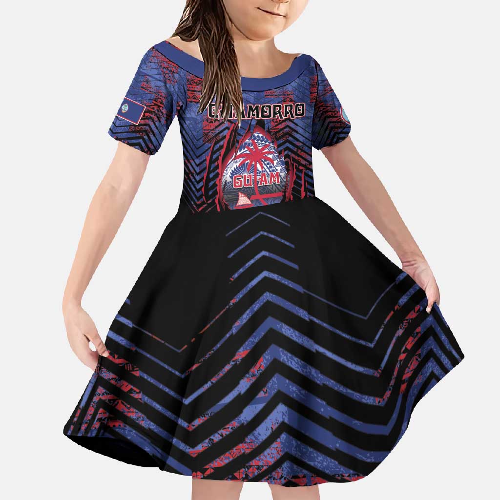Personalised Guam Family Matching Mermaid Dress and Hawaiian Shirt Chamorro Seal Tribal Scratch Design DT05 Daughter's Dress Navy - Polynesian Pride