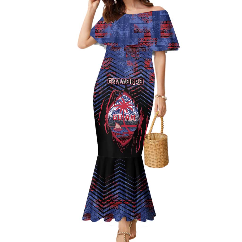 Personalised Guam Family Matching Mermaid Dress and Hawaiian Shirt Chamorro Seal Tribal Scratch Design DT05 Mom's Dress Navy - Polynesian Pride