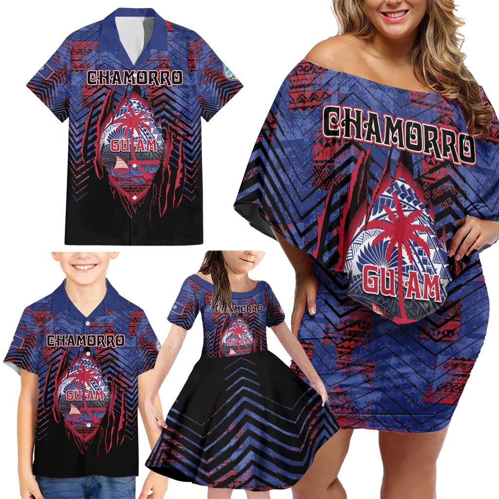 Personalised Guam Family Matching Off Shoulder Short Dress and Hawaiian Shirt Chamorro Seal Tribal Scratch Design - Polynesian Pride